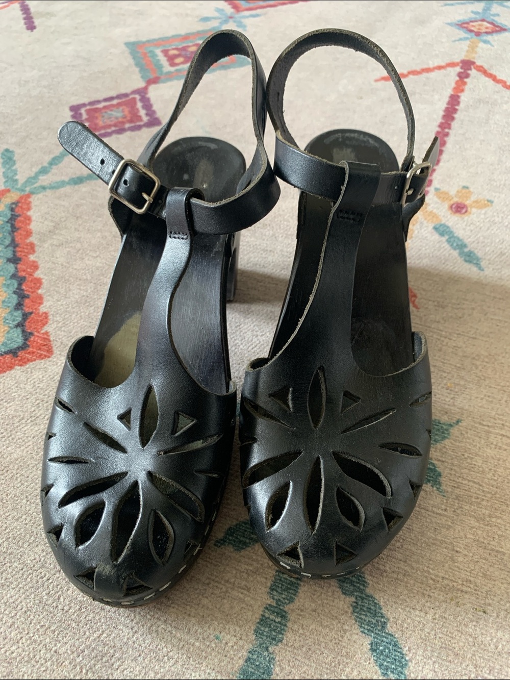 Swedish Hasbeens Black Leather T‑Strap Cutout Wedge Sandals